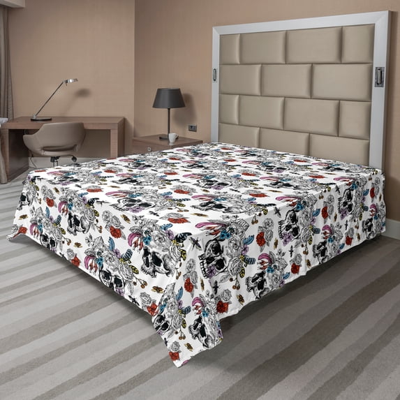 Ambesonne Vintage Flat Sheet, Skulls and Flowers, King Size, Multicolor
