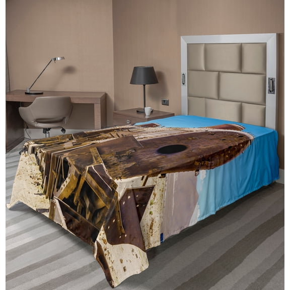 Ambesonne Vintage Flat Sheet, Steam Train Locomotive, Twin Size, Blue Brown