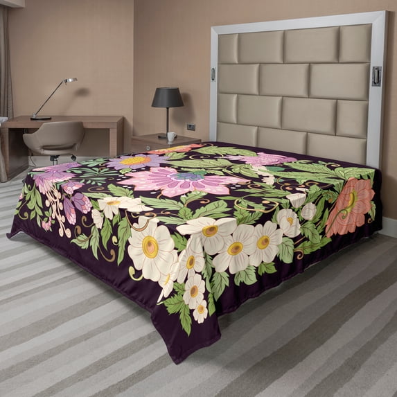 Ambesonne Vintage Flat Sheet, Summer Blooming Flowers, Queen Size, Dark Brown Multicolor