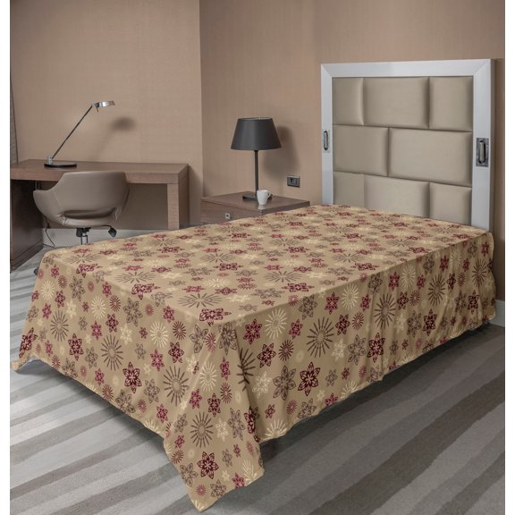 Ambesonne Vintage Flat Sheet, Traditional Floral Shapes, TwinXL Size, Dark Sand Brown Maroon