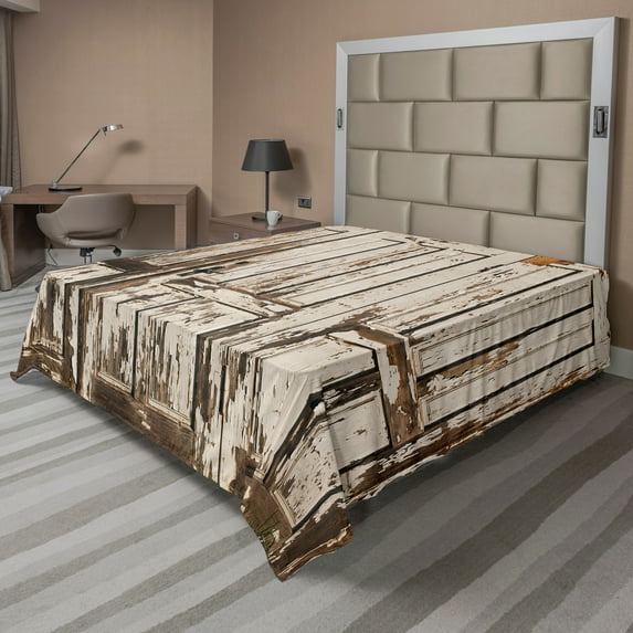 Ambesonne Vintage Flat Sheet, Vertical Rustic Planks, Full Size, Brown White