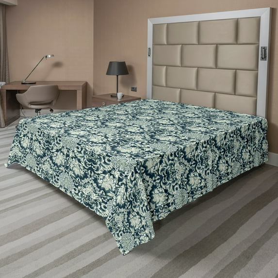 Ambesonne Vintage Flat Sheet, Victorian Leaf Pattern, King Size, Sage Green Dark Blue