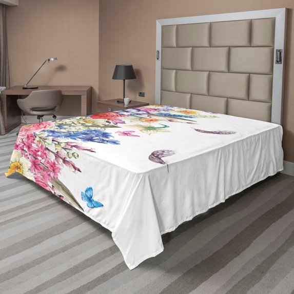 Ambesonne Vintage Flat Sheet, Vivid Floral Nature, King Size, Pink Blue