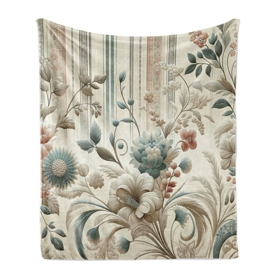 Ambesonne Vintage Fleece Throw Blanket Soft Color Floral Nostalgia 60"x80" Eggshell Pale Slate Blue