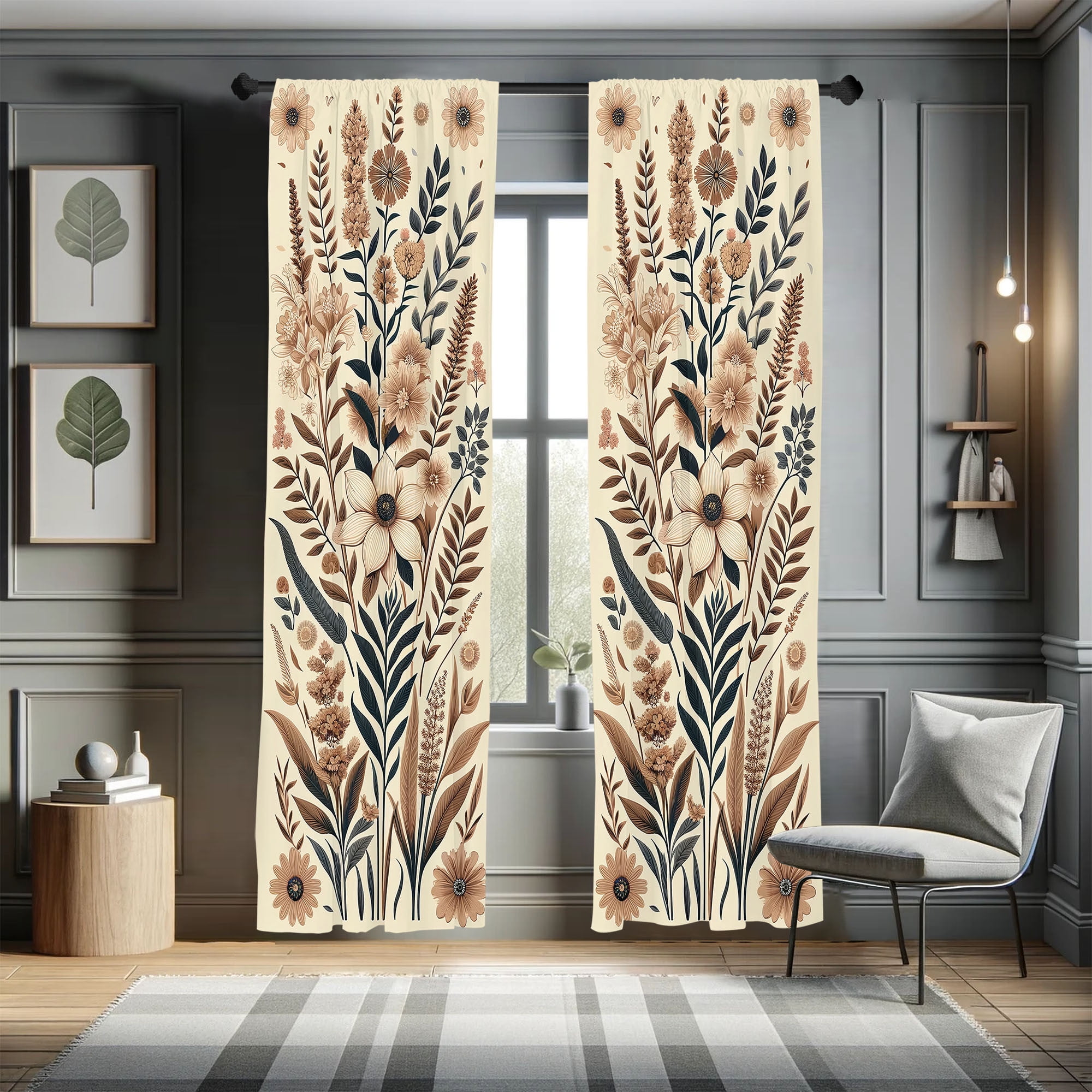 Eggshell and Slate Blue Floral 95" Rod Pocket Curtains