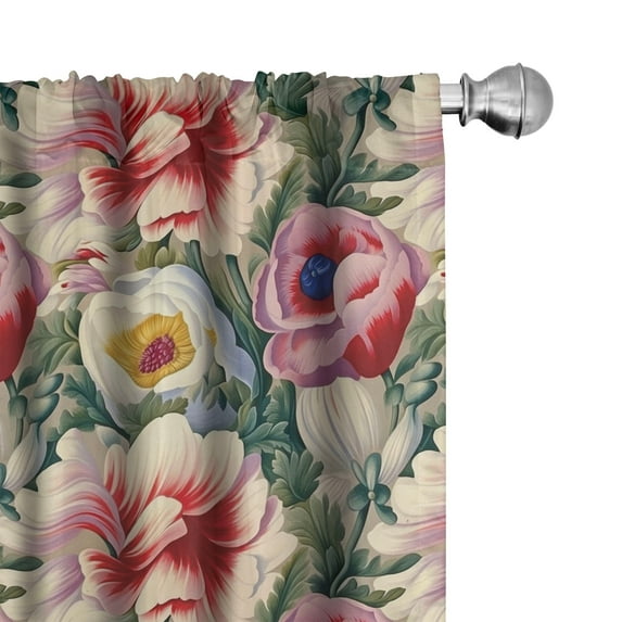 Ambesonne Vintage Floral Curtains, Poppy and Anemone, Pair of 28"x95", Reseda Green Pink and Ivory