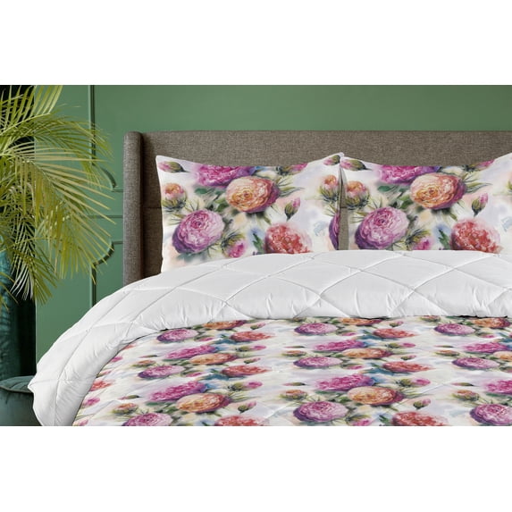 Ambesonne Vintage Floral Down Alternative Quilt Comforter, Aquarelle Boho Bloom, Twin XL, Pale Fuchsia Dark Peach