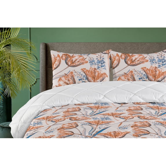 Ambesonne Vintage Floral Down Alternative Quilt Comforter, Watercolor Hyacinth, Queen, Burnt Orange Dark Violet