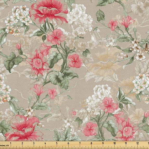 Ambesonne Vintage Floral Fabric by the Yard Upholstery, Branches of Love, 5 Yards, Reseda Green Dark Coral