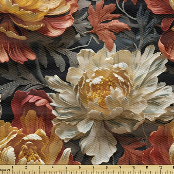 Ambesonne Vintage Floral Fabric by the Yard Upholstery, Chrysanthemum Nature, 10 Yards, Amber Blue Grey Off White