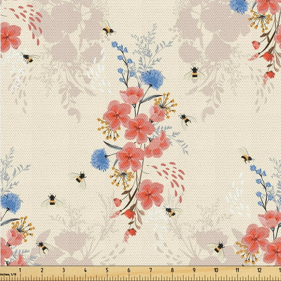 Ambesonne Vintage Floral Fabric by the Yard Upholstery, Delicate Bees Botany, 10 Yards, Cream Dark Coral Dark Tan