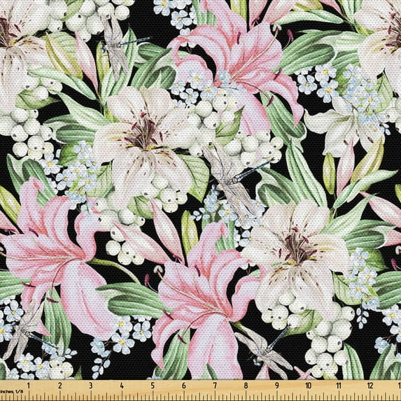 Ambesonne Vintage Floral Fabric by the Yard Upholstery, Lilies Berries Print, 5 Yards, Soft Pink Pale Green
