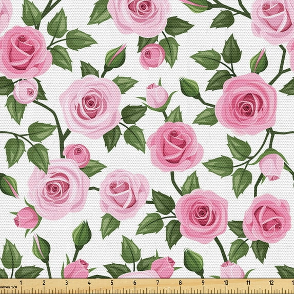 Ambesonne Vintage Floral Fabric by the Yard, Roses Plain Back Art, 10 Yards, Pastel Pink Olive Green