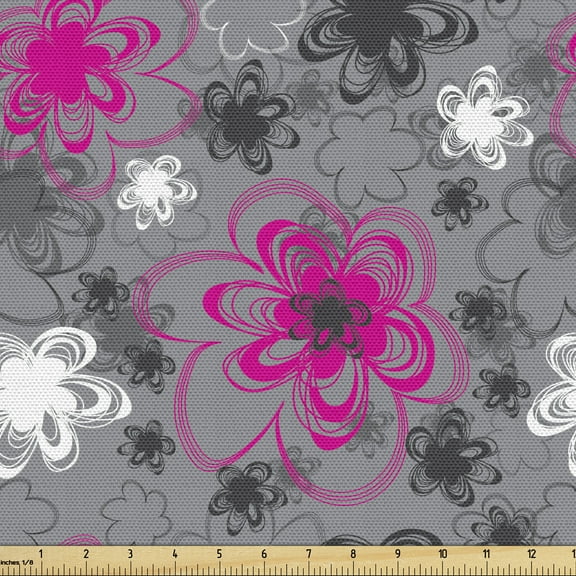 Ambesonne Vintage Floral Fabric by the Yard Upholstery, Antique Blossoms, 5 Yards, Hot Pink Black Grey