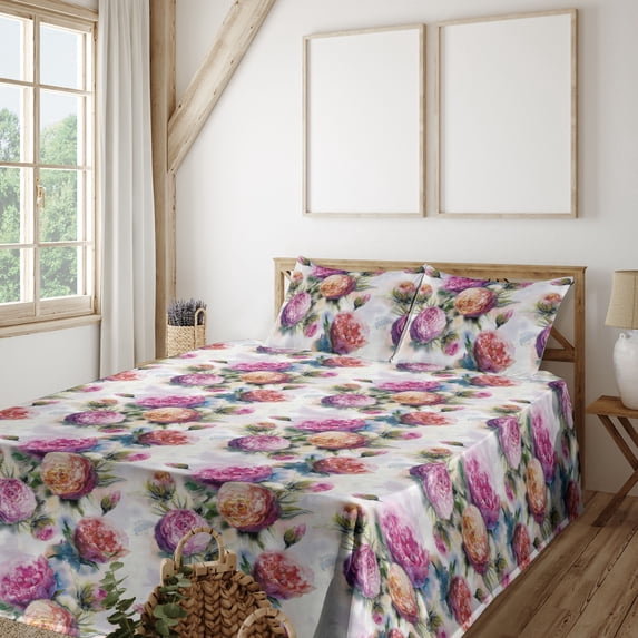 Ambesonne Vintage Floral Fitted & Flat Sheet with Sham 3 Pcs Set, Aquarelle Boho Bloom, Twin, Pale Fuchsia Dark Peach