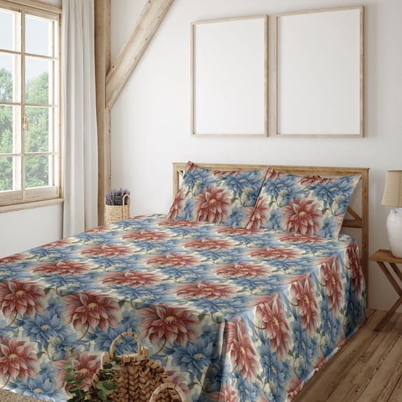 Ambesonne Vintage Floral Fitted & Flat Sheet with Sham 3 Pcs Set, Nostalgic Petals Art, Twin XL, Blue Grey Pale Maroon