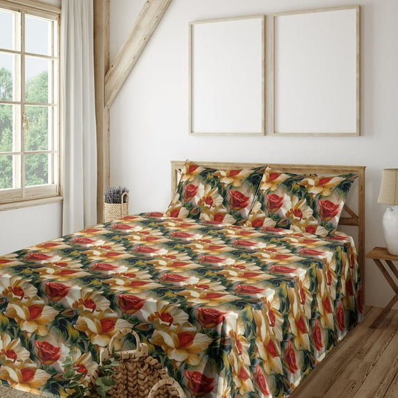 Ambesonne Vintage Floral Fitted & Flat Sheet with Shams 4 Pcs Set, Abstract Roses Wild, Calking, Dark Green and Orange