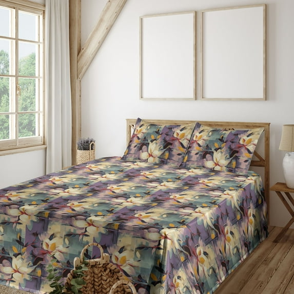Ambesonne Vintage Floral Fitted & Flat Sheet with Shams 4 Pcs Set, Art Nouveau Flower, Calking, Pale Eggplant Grey Teal