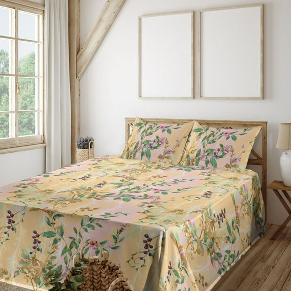 Ambesonne Vintage Floral Fitted & Flat Sheet with Shams 4 Pcs Set, Blossoming Romance, King, Peach Pale Pink