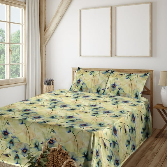 Ambesonne Vintage Floral Fitted & Flat Sheet with Shams 4 Pcs Set, Flowers Dreamy Hues, Full, Avocado Green Purple