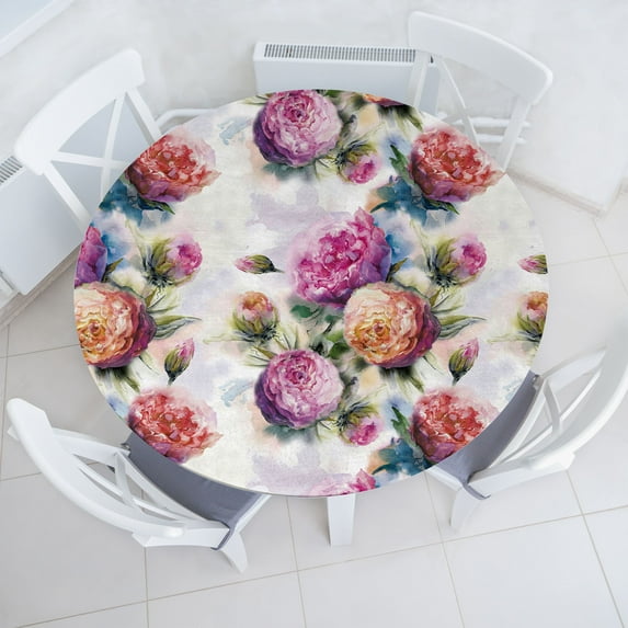 Ambesonne Vintage Floral Fitted Round Tablecloth, Aquarelle Boho Bloom, 36"- 40" Diameter, Pale Fuchsia Dark Peach