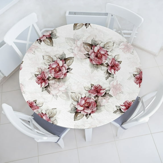 Ambesonne Vintage Floral Fitted Round Tablecloth, Bloomed Wild Design, 45"- 56" Diameter, Pale Maroon Pale Sepia