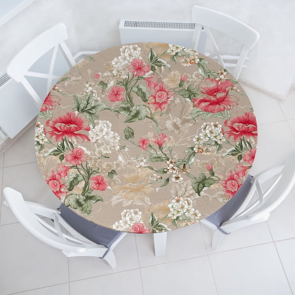 Ambesonne Vintage Floral Fitted Round Tablecloth, Branches of Love, 40"- 44" Diameter, Reseda Green Dark Coral