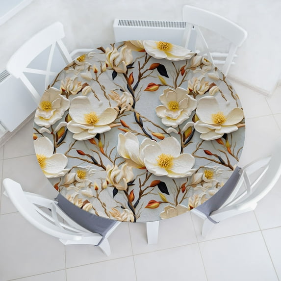 Ambesonne Vintage Floral Fitted Round Tablecloth, Magnolia Flower Plot, 56"- 60" Diameter, Earth Yellow and Paprika