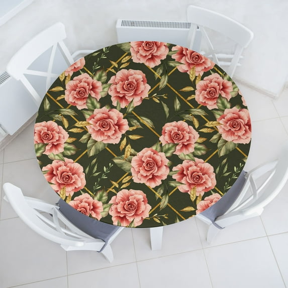 Ambesonne Vintage Floral Fitted Round Tablecloth, Roses Botanical Art, 40"- 44" Diameter, Dark Salmon and Slate Brown