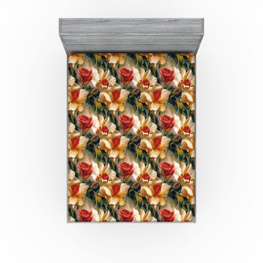 Ambesonne Vintage Floral Fitted Sheet, Abstract Roses Wild, California King, Dark Green and Orange