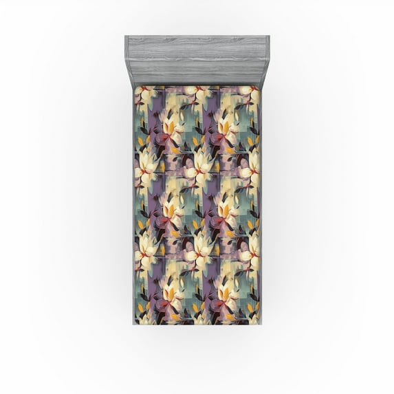 Ambesonne Vintage Floral Fitted Sheet, Art Nouveau Flower, Twin Size, Pale Eggplant Grey Teal
