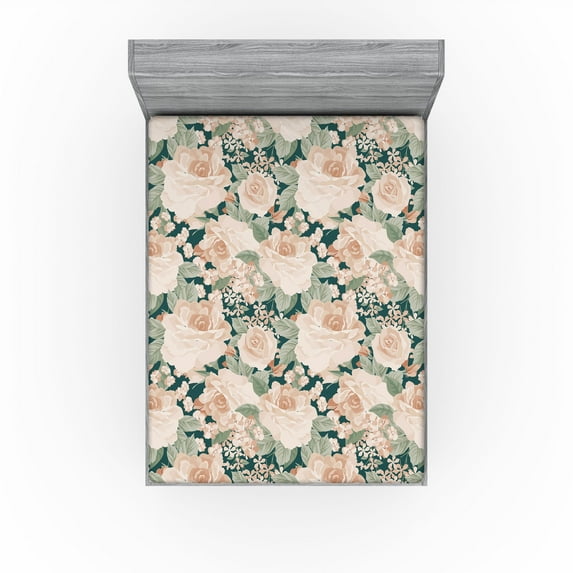 Ambesonne Vintage Floral Fitted Sheet, Boho Dreamy Flowers, Full Size, Pale Peach Reseda Green