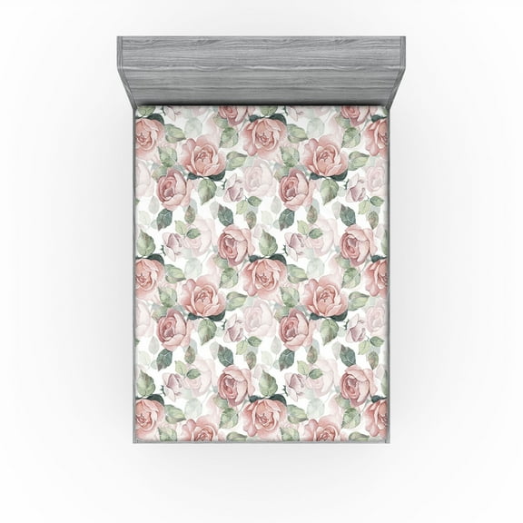 Ambesonne Vintage Floral Fitted Sheet, English Roses Print, California King, Blush and Sage Green