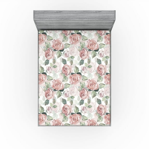 Ambesonne Vintage Floral Fitted Sheet, English Roses Print, Full Size, Blush and Sage Green