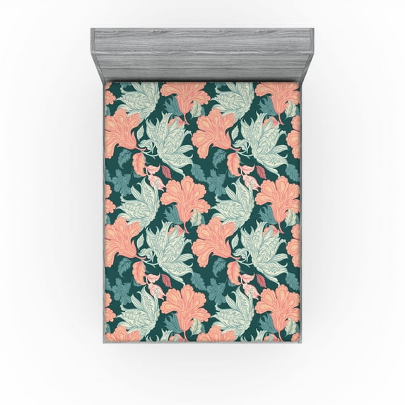 Ambesonne Vintage Floral Fitted Sheet, Flowers Cottagecore, California King, Dark Teal Coral