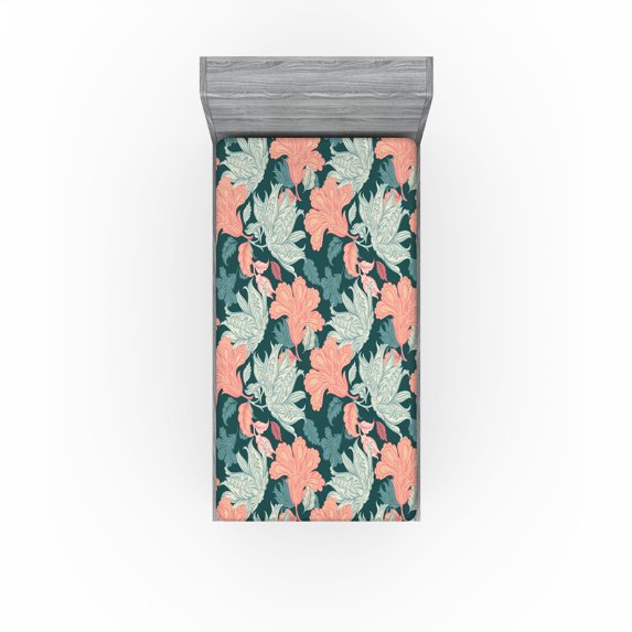 Ambesonne Vintage Floral Fitted Sheet, Flowers Cottagecore, Twin Size, Dark Teal Coral