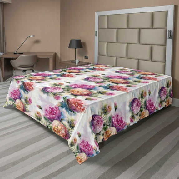 Ambesonne Vintage Floral Flat Bedding Sheet Soft Top Sheet, Aquarelle Boho Bloom, Queen, Pale Fuchsia Dark Peach