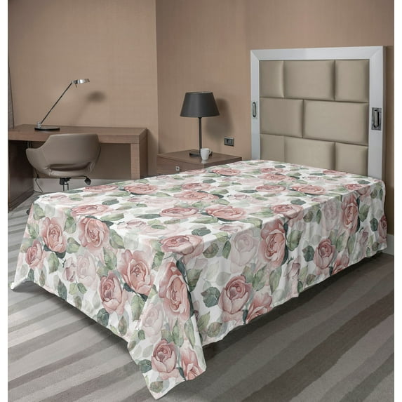 Ambesonne Vintage Floral Flat Bedding Sheet Soft Top Sheet, English Roses Print, Twin, Blush and Sage Green