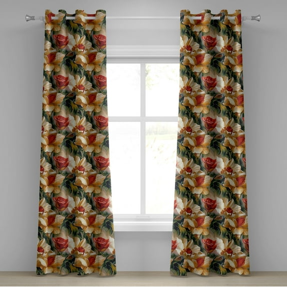 Ambesonne Vintage Floral Grommet Curtain, Abstract Roses Wild, 50"x108", Dark Green and Orange