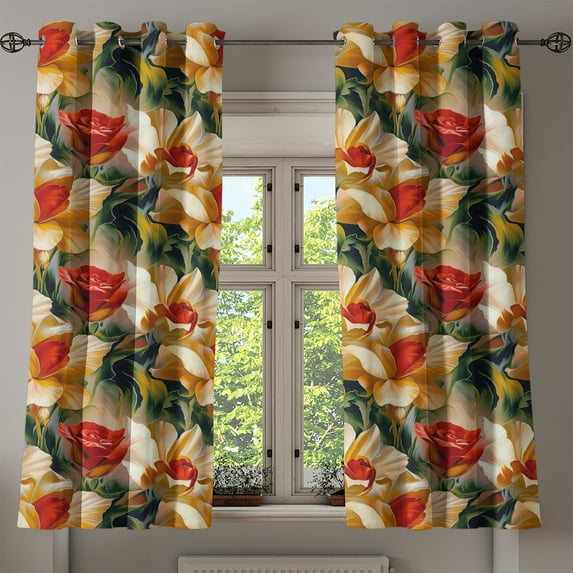 Ambesonne Vintage Floral Grommet Curtain, Abstract Roses Wild, 50"x60", Dark Green and Orange