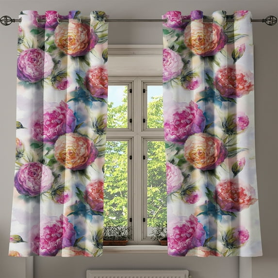 Ambesonne Vintage Floral Grommet Curtain, Aquarelle Boho Bloom, 50"x60", Pale Fuchsia Dark Peach