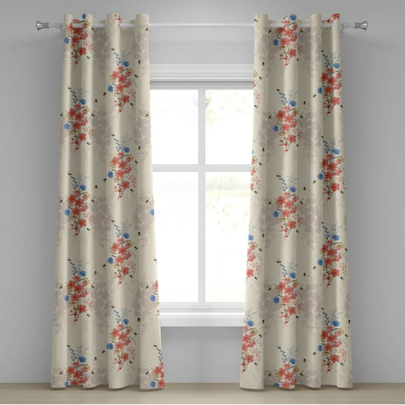 Ambesonne Vintage Floral Grommet Curtain, Delicate Bees Botany, 50"x108", Cream Dark Coral Dark Tan