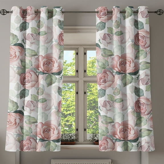 Ambesonne Vintage Floral Grommet Curtain, English Roses Print, 50"x60", Blush and Sage Green
