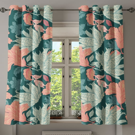 Ambesonne Vintage Floral Grommet Curtain, Flowers Cottagecore, 50"x60", Dark Teal Coral