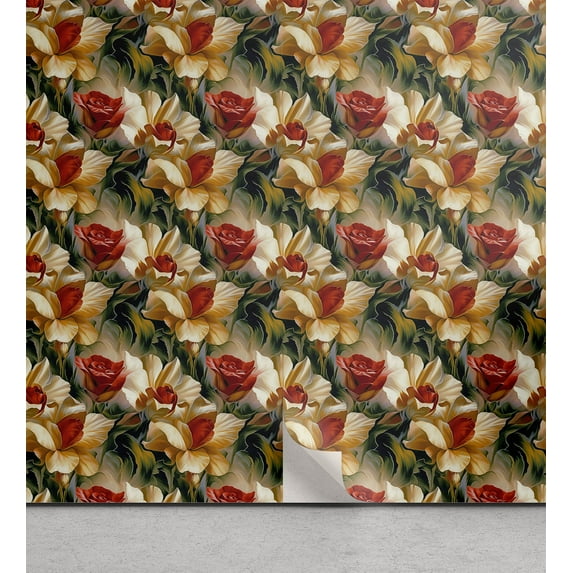 Ambesonne, Vintage Floral Peel & Stick Wallpaper for Home, Abstract Roses Wild, 13"x72", Dark Green and Orange