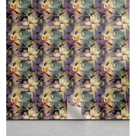 Ambesonne Vintage Floral Peel & Stick Wallpaper for Home, Art Nouveau Flower, 13"x100", Pale Eggplant Grey Teal