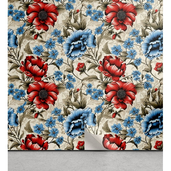 Ambesonne Vintage Floral Peel & Stick Wallpaper for Home, Bicolour Flowers, 13"x36", Scarlet Sky Blue Ivory
