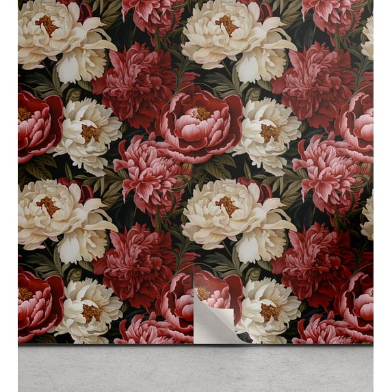 Ambesonne Vintage Floral Peel & Stick Wallpaper for Home, Bold Peony Flowers, 13"x100", Pale Maroon Green Brown