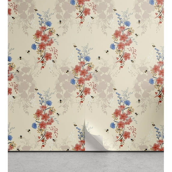 Ambesonne Vintage Floral Peel & Stick Wallpaper for Home, Delicate Bees Botany, 13"x100", Cream Dark Coral Dark Tan