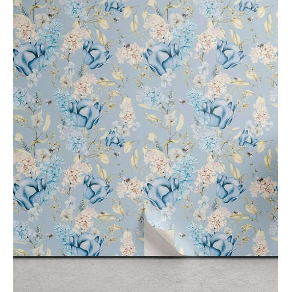 Ambesonne Vintage Floral Peel & Stick Wallpaper for Home, Hyacinth Tulip Print, 13"x72", Sky Blue Pale Yellow